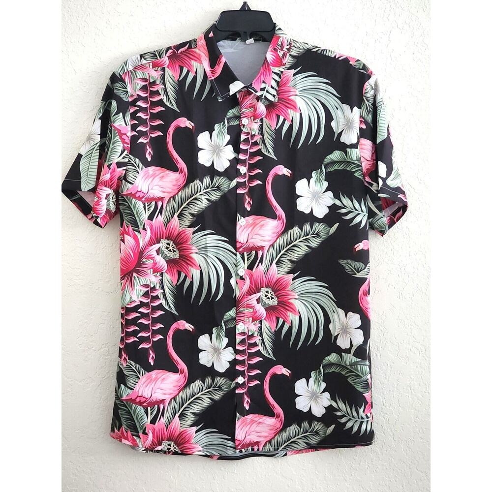 Men's Shirt-Hoooyi-Button Up-Short Sleeves-Tropical-Black Green-Flamingos-XL